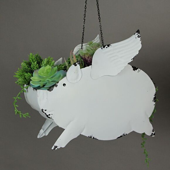 Metal Distressed White Flying Pig Hanging Planter Set Large & Small Flower Pots - Picture 8 of 8